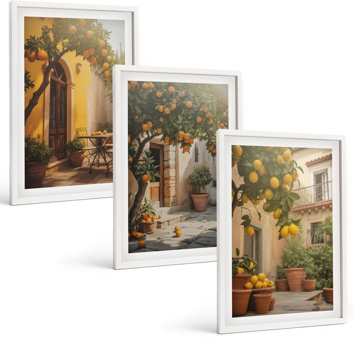 Tulup 3-Delige Schilderij Set - Zonnig terras met citrusbomen en potten. - 40x60 - Muurdecoratie - Interieur Decoratie