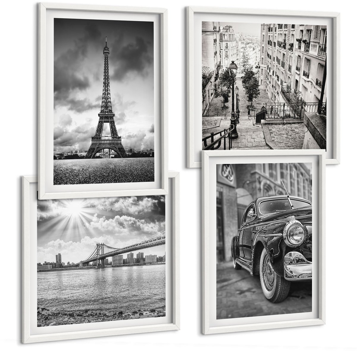 Tulup 4-Delige Schilderij Set - Stadsgezichten Bruggen Eiffeltoren Klassieke auto - 40x40 en 40x60 - Muurdecoratie - Wanddecoratie - Hal - Decoratieve Schilderijen
