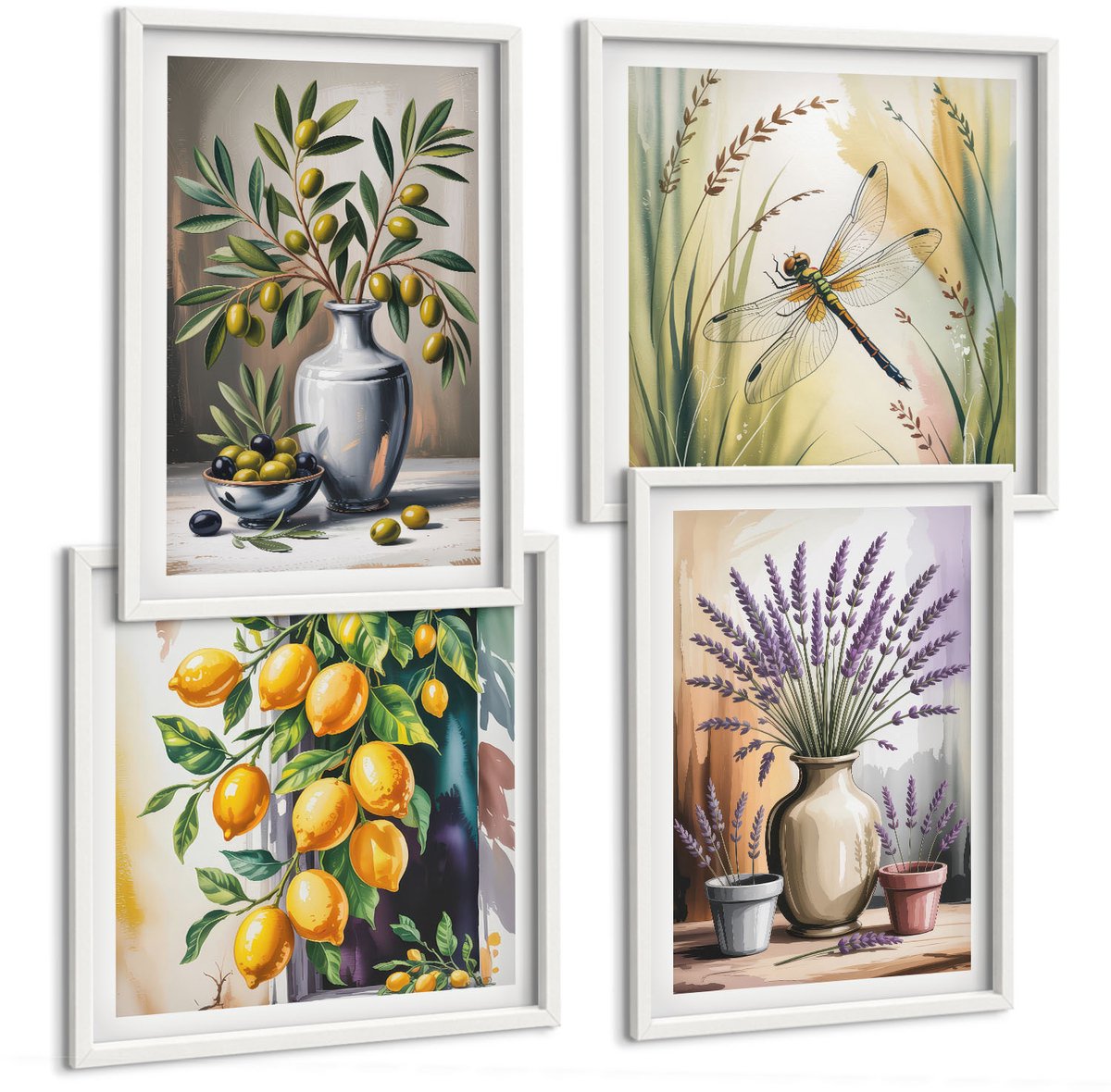 Tulup 4-Delige Schilderij Set - Bloemen en olijven in vazen ​​Citroenen Natuur - 40x40 en 40x60 - Wanddecoratie - Woonkamer Decoratie