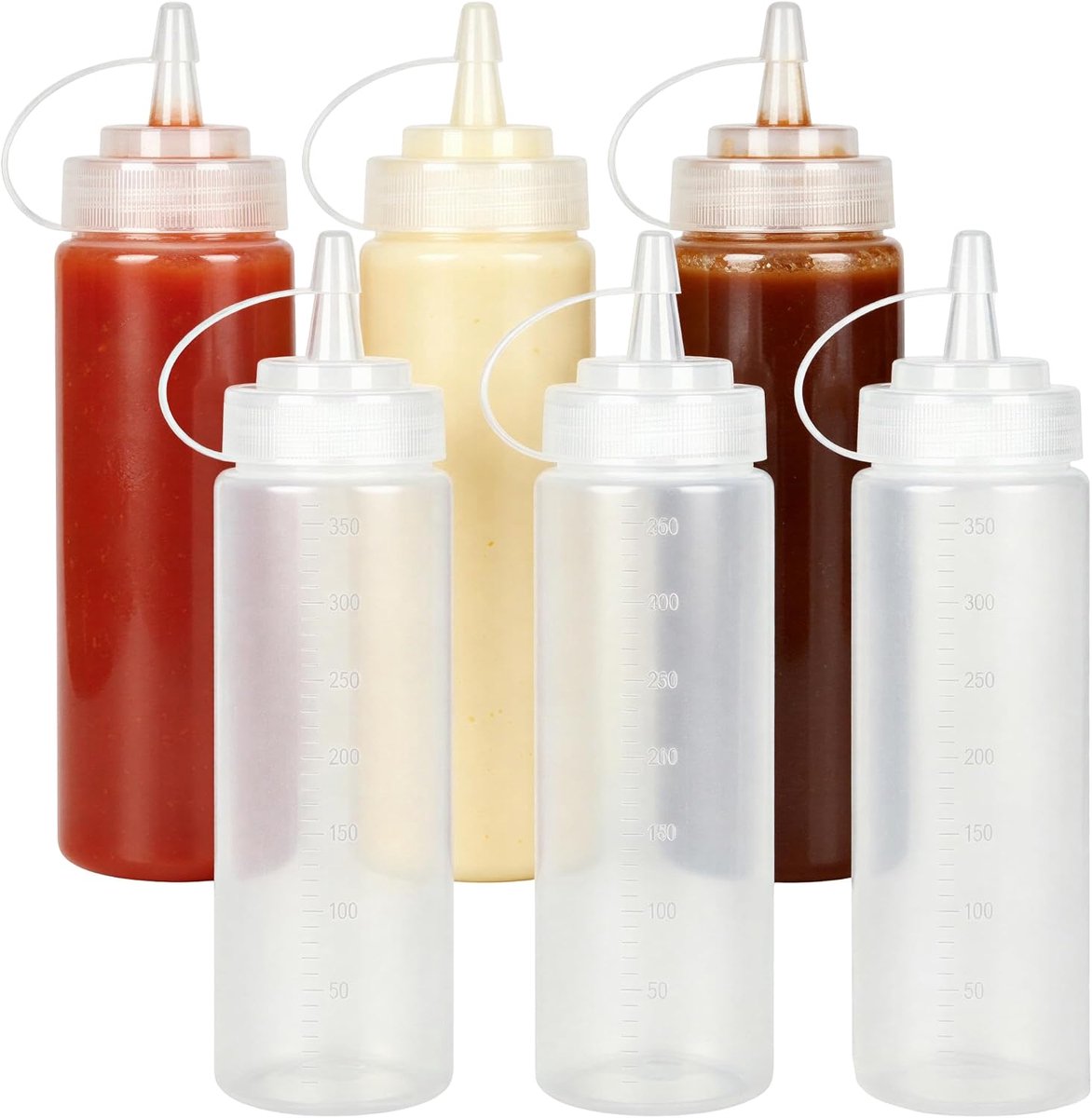 Knijpflessen, set van 6, 360 ml, lekvrije sausflessen met deksel, BPA-vrij, vaatwasmachinebestendig, herbruikbare - ShopVlot
