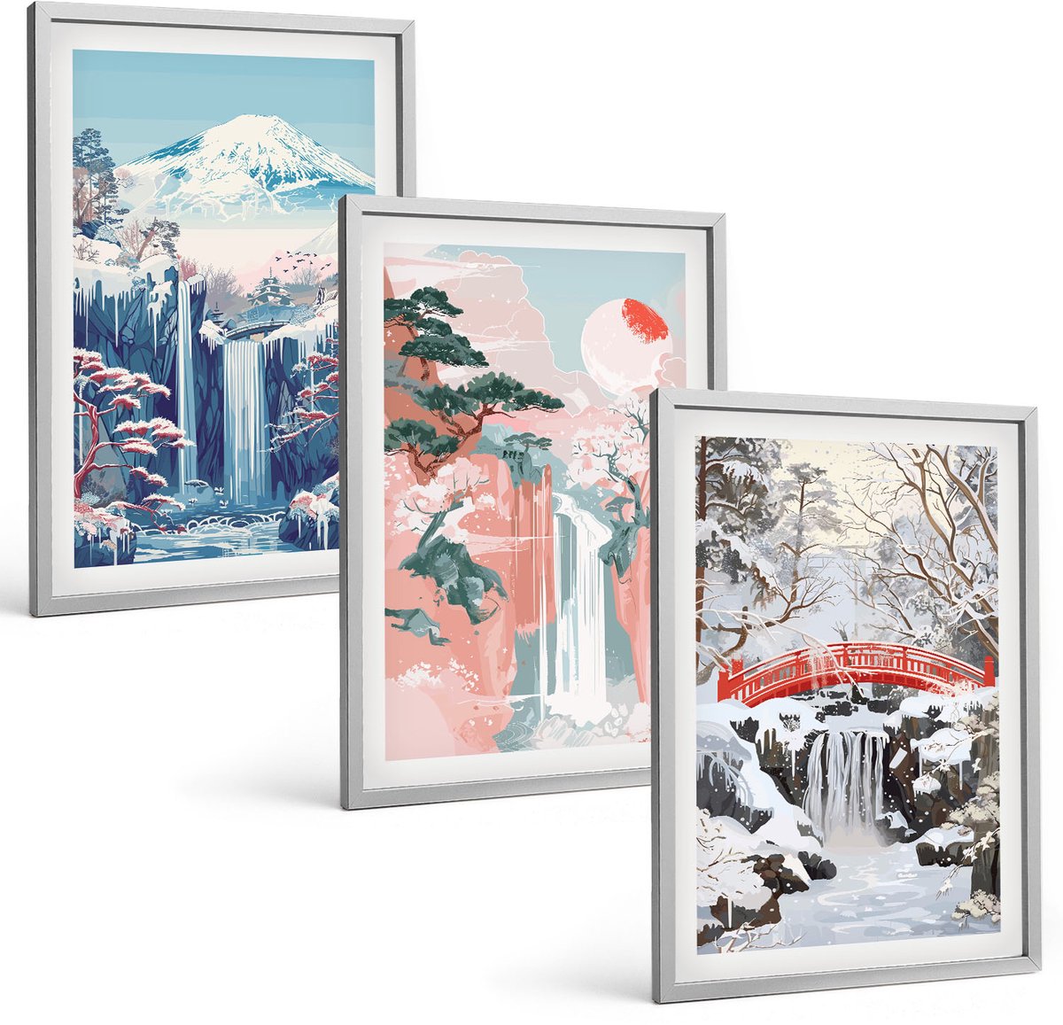 TULUP 4-Delige Schilderij Set - Berglandschappen en watervallen in verschillende seizoenen - 40 x 60 cm - Muurdecoratie - Wanddecoratie - Hal - Stijlvolle Muurdecoratie Zilveren lijst