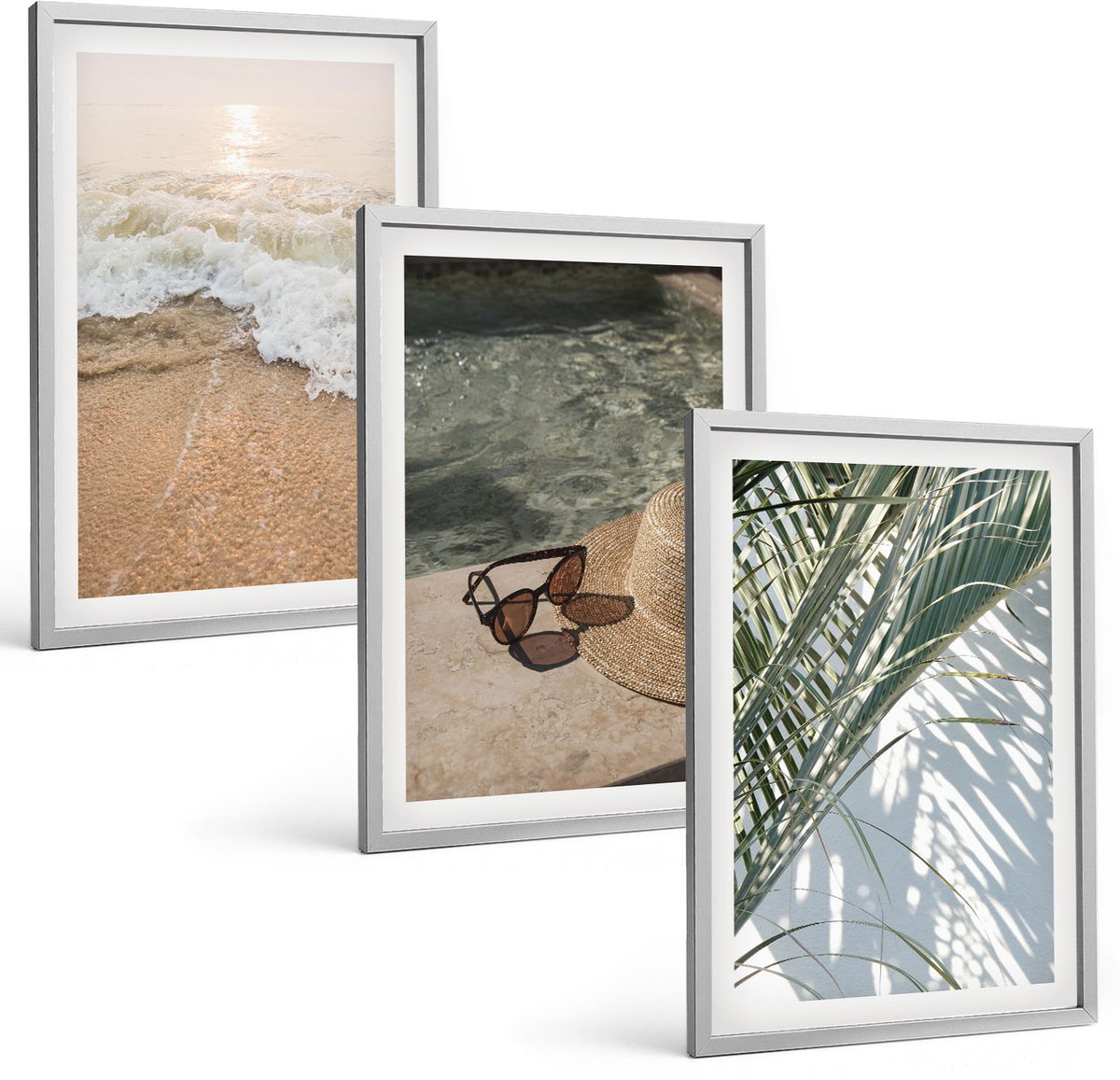 TULUP 4-Delige Schilderij Set - Water Strandhoed en zonnebril Bladeren - 40 x 60 cm - Stijlvolle Muurdecoratie - Slaapkamer - Decoratieve Schilderijen Zilveren lijst