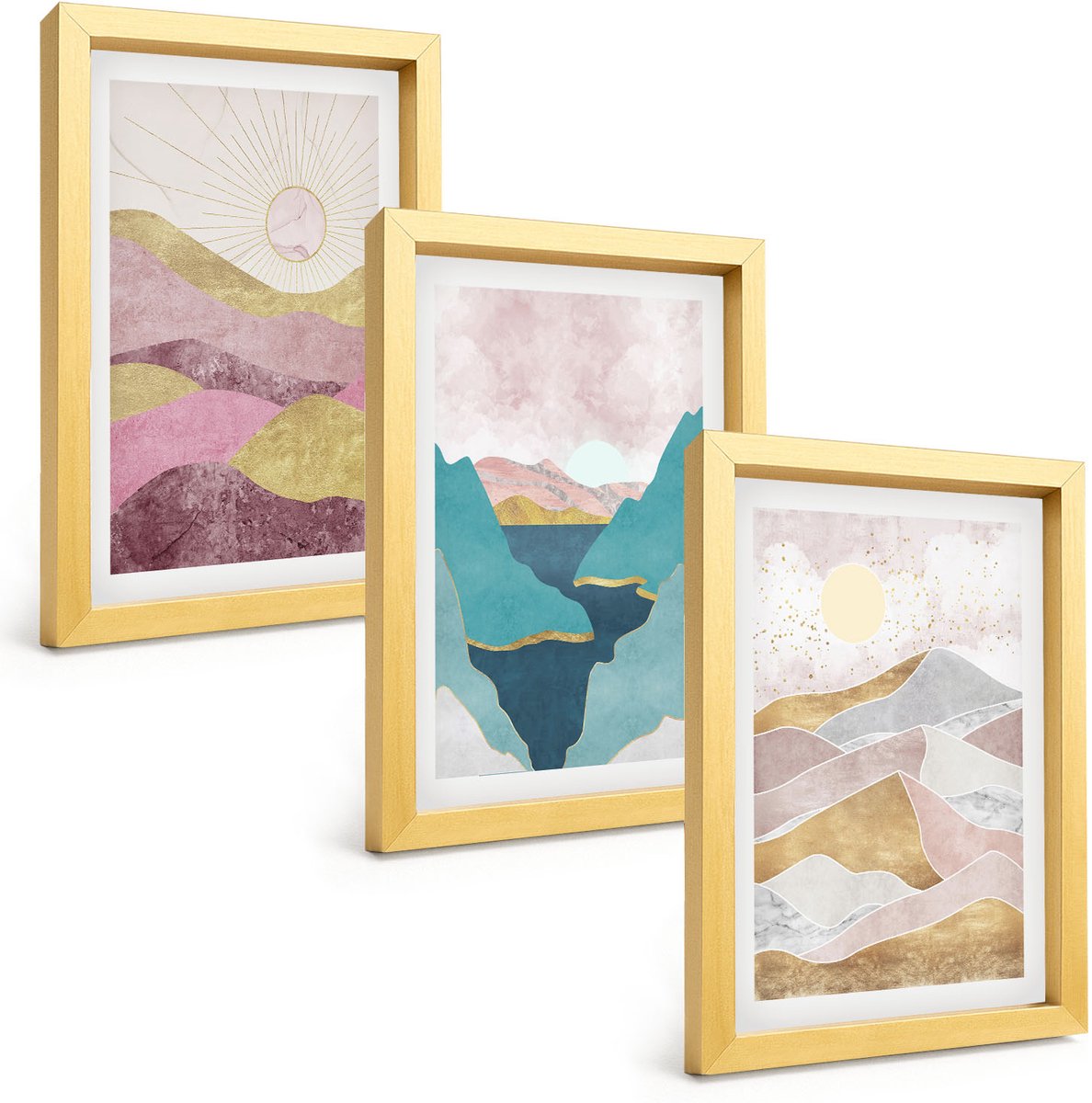 TULUP 4-Delige Schilderij Set - Abstracte landschappen met bergen en zon - 20 x 30 cm - Stijlvolle Wanddecoratie - Interieur - Moderne Wanddecoratie Gouden lijst