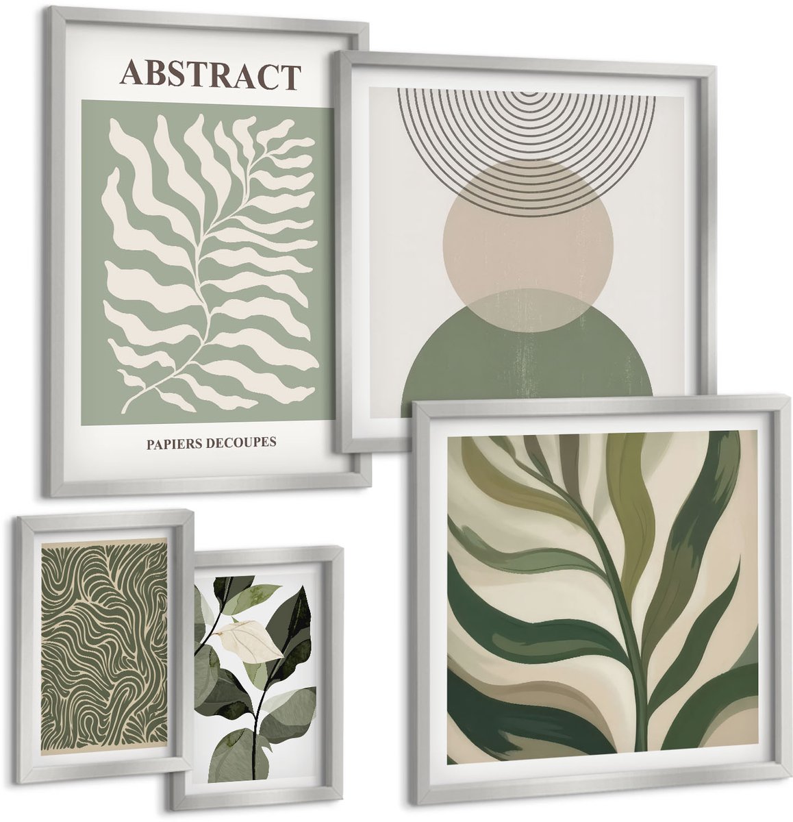 TULUP 4-Delige Schilderij Set - Abstracte composities met plantmotieven en -patronen - 50 x 50 cm, 20 x 30 cm en 40 x 60 cm - Wanddecoratie - Muurdecoratie - Moderne Interieurdecoratie Zilveren lijst