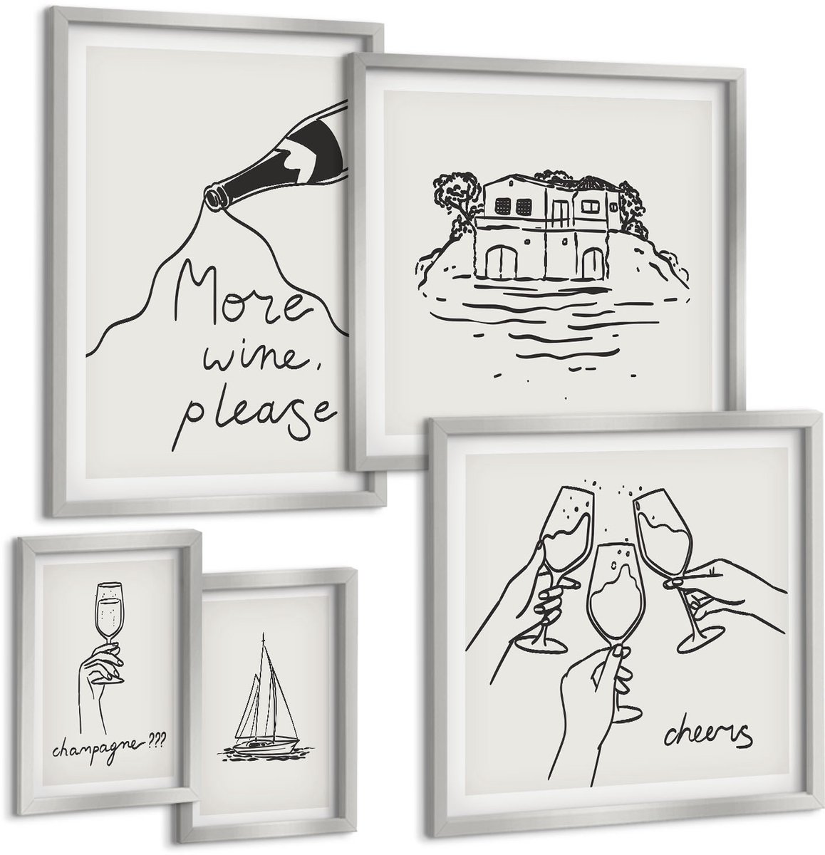 TULUP 4-Delige Schilderij Set - Stijlvolle illustraties voor een wijn- en toastfeest. - 50 x 50 cm, 20 x 30 cm en 40 x 60 cm - Moderne Wanddecoratie - Woonkamer - Interieur Decoratie Zilveren lijst