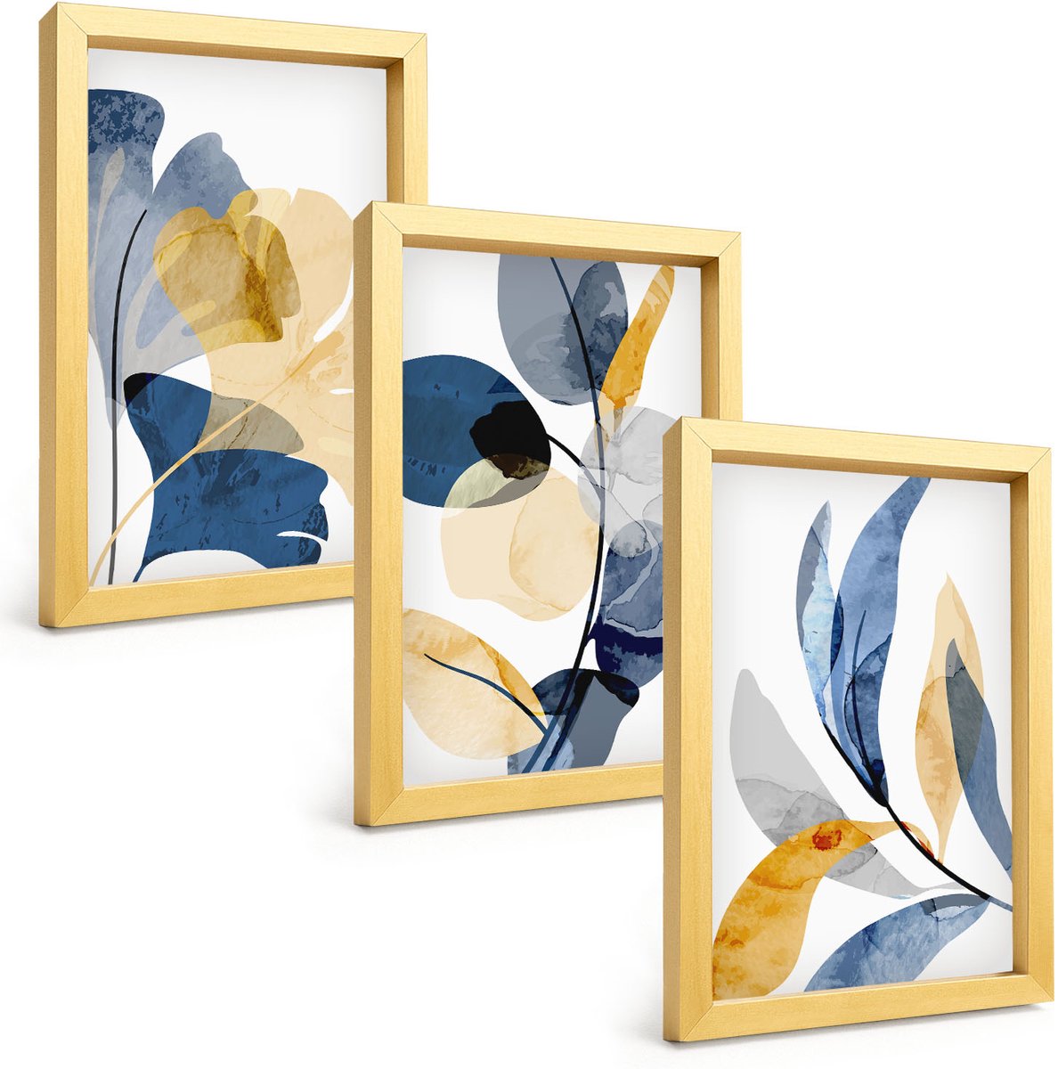 TULUP 4-Delige Schilderij Set - Plantenmotieven in aquarelstijl - 20 x 30 cm - Stijlvolle Muurdecoratie - Kantoor - Decoratieve Schilderijen Gouden lijst