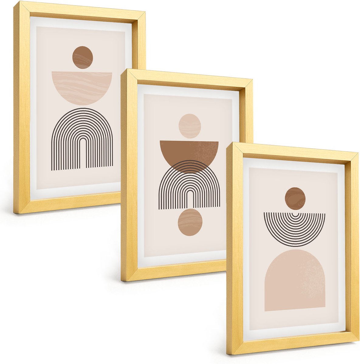 TULUP 4-Delige Schilderij Set - Abstracte vormen in bruine en beige tinten - 20 x 30 cm - Wanddecoratie - Woonkamer Decoratie - Muurdecoratie Gouden lijst