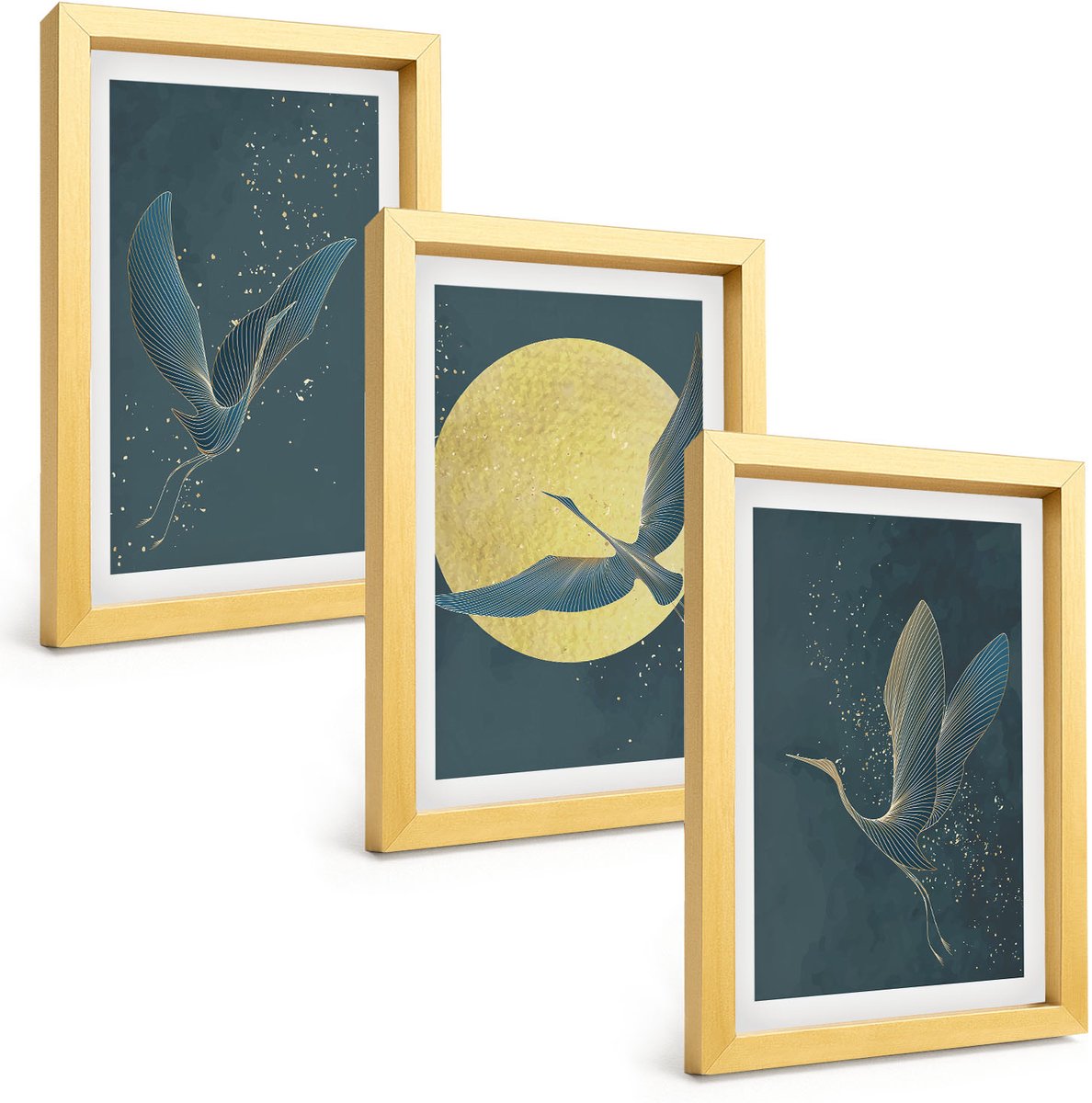 TULUP 4-Delige Schilderij Set - Kraanvogels in vlucht tegen de achtergrond van de maan en de sterren. - 20 x 30 cm - Decoratieve Schilderijen - Wanddecoratie - Hal Gouden lijst