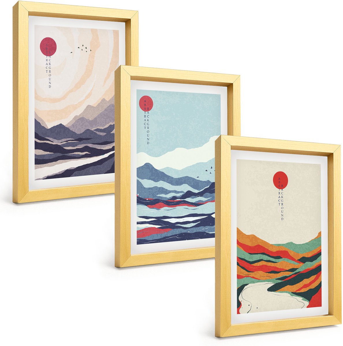 TULUP 4-Delige Schilderij Set - Japanse abstracte berglandschappen - 20 x 30 cm - Muurdecoratie - Wanddecoratie - Slaapkamer - Woonkamer Decoratie Gouden lijst