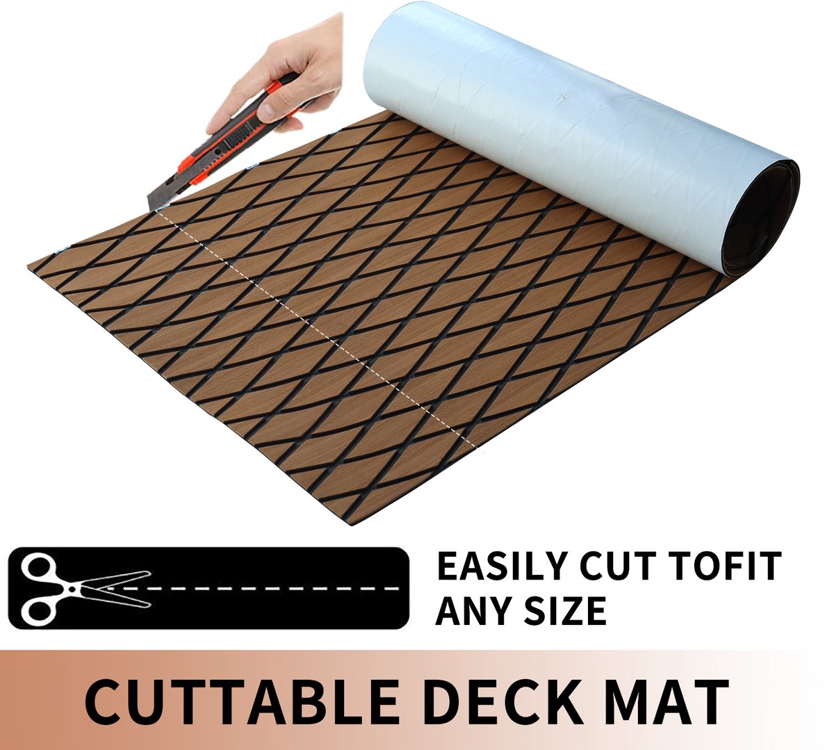 Zelfklevende EVA bootmat 240 x 90 cm - 6 mm antislip dekmat - Bruin/zwart ruitpatroon