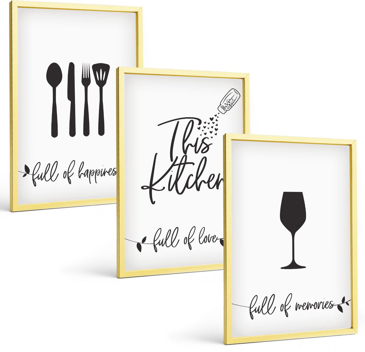 TULUP 4-Delige Schilderij Set - Patronen met opschriften voor keukengerei - 40 x 60 cm - Decoratieve Muurdecoratie - Slaapkamer - Moderne Wanddecoratie Gouden lijst