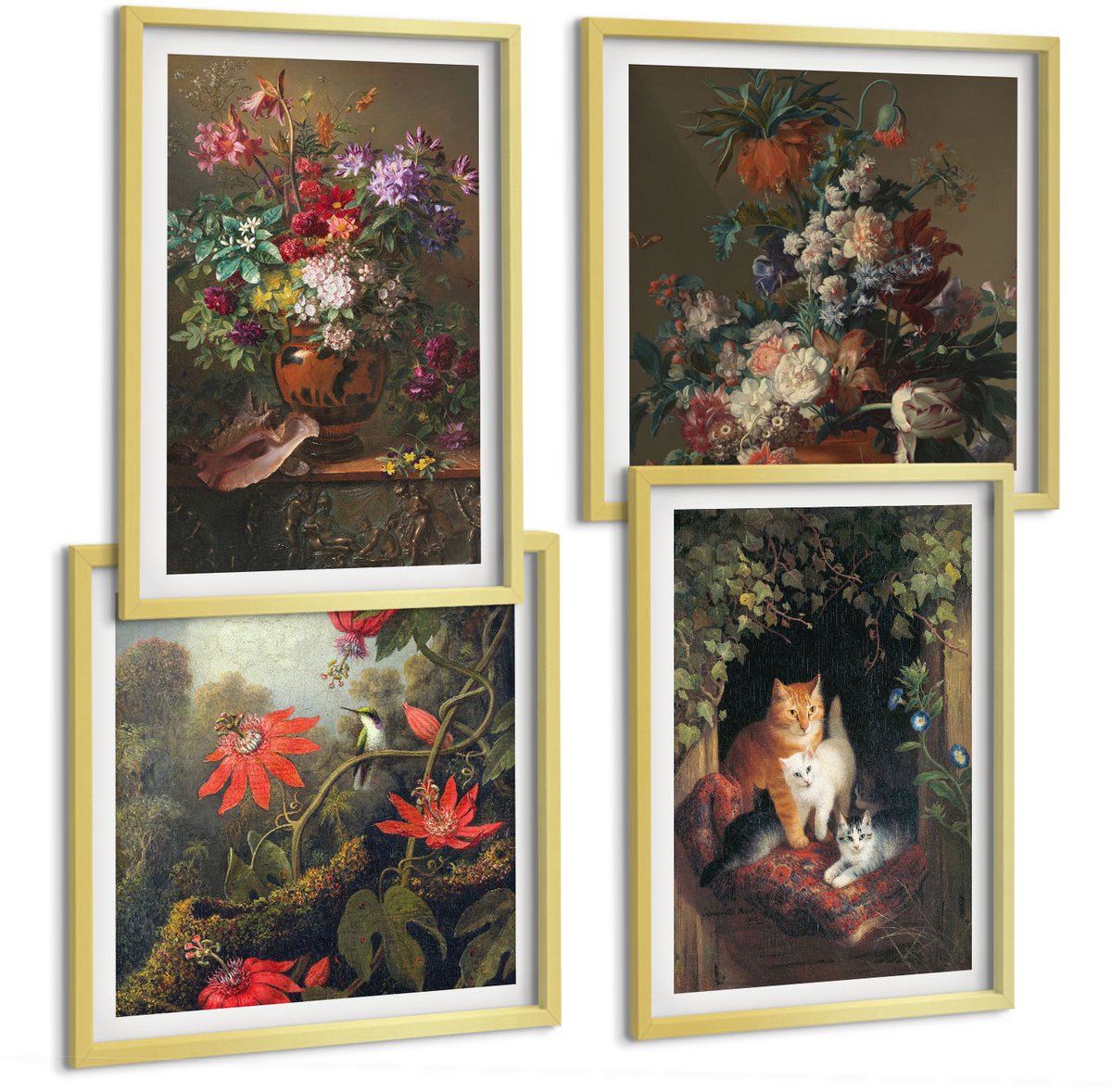 TULUP 4-Delige Schilderij Set - Vintage bloemen, katten en planten in de natuur - 40 x 40 cm en 40 x 60 cm - Wanddecoratie - Woonkamer Decoratie - Moderne Wanddecoratie Gouden lijst