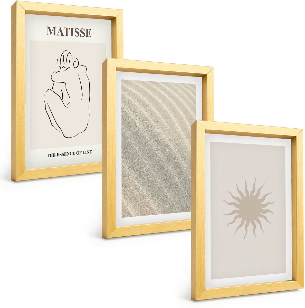 TULUP 4-Delige Schilderij Set - Minimalistische zandlijnen, golven en zon - 20 x 30 cm - Wanddecoratie - Muurdecoratie - Woonkamer Gouden lijst