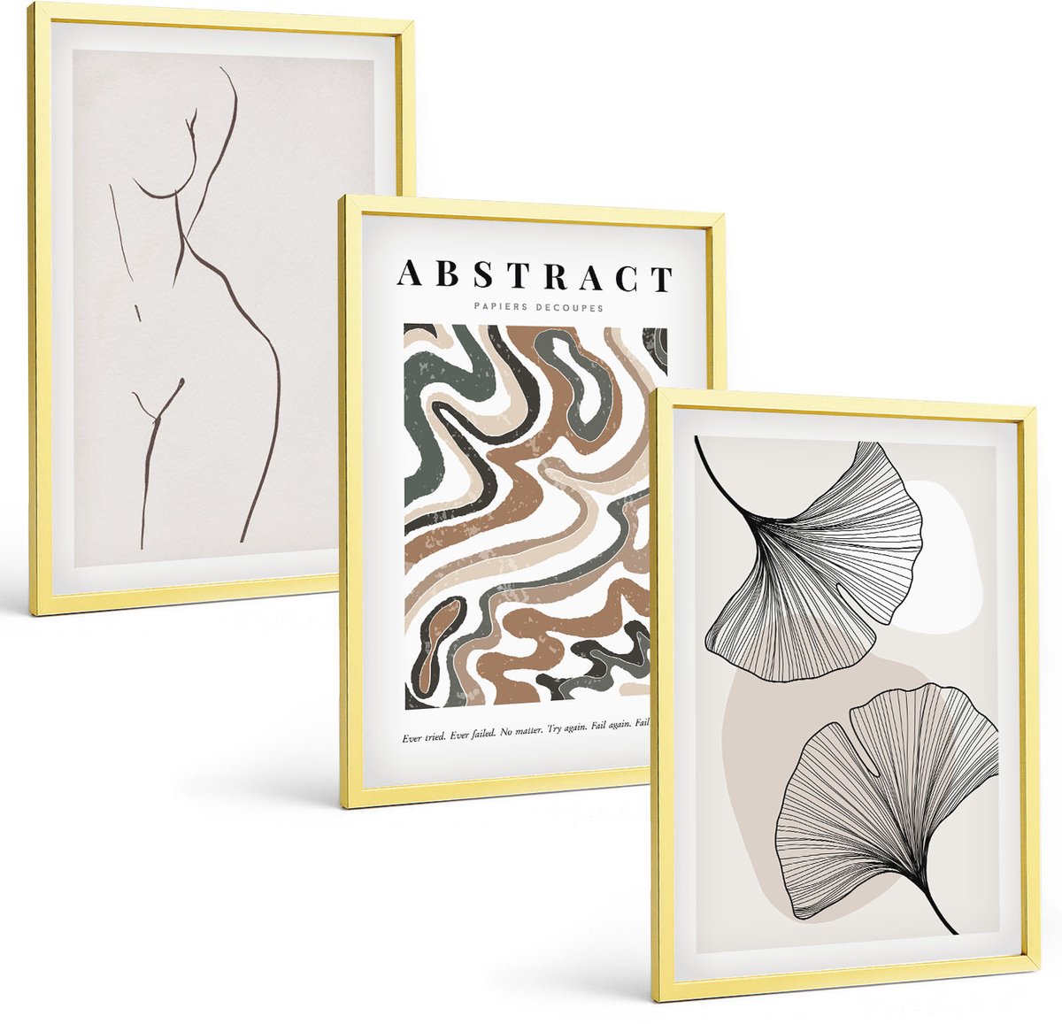 TULUP 4-Delige Schilderij Set - Abstracte poster met vrouwelijke vormen en bladeren in boho-stijl. - 40 x 60 cm - Stijlvolle Muurdecoratie - Kantoor - Wanddecoratie Gouden lijst