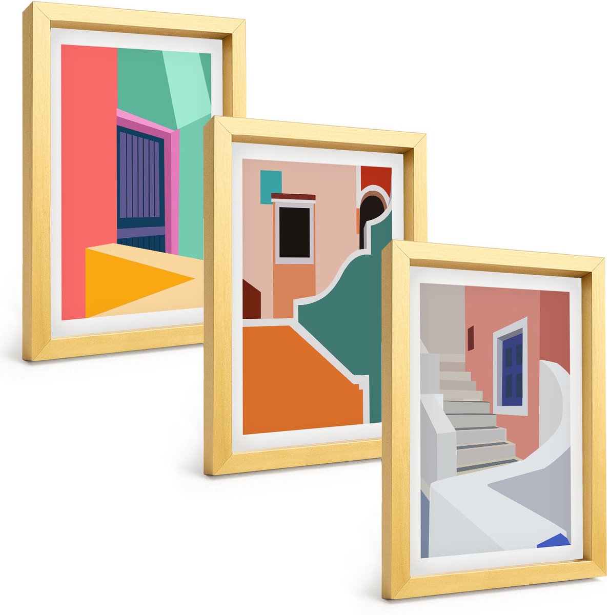 TULUP 4-Delige Schilderij Set - Kleurrijke illustraties van gebouwen in een moderne stijl. - 20 x 30 cm - Stijlvolle Wanddecoratie - Interieur - Woonkamer Decoratie Gouden lijst