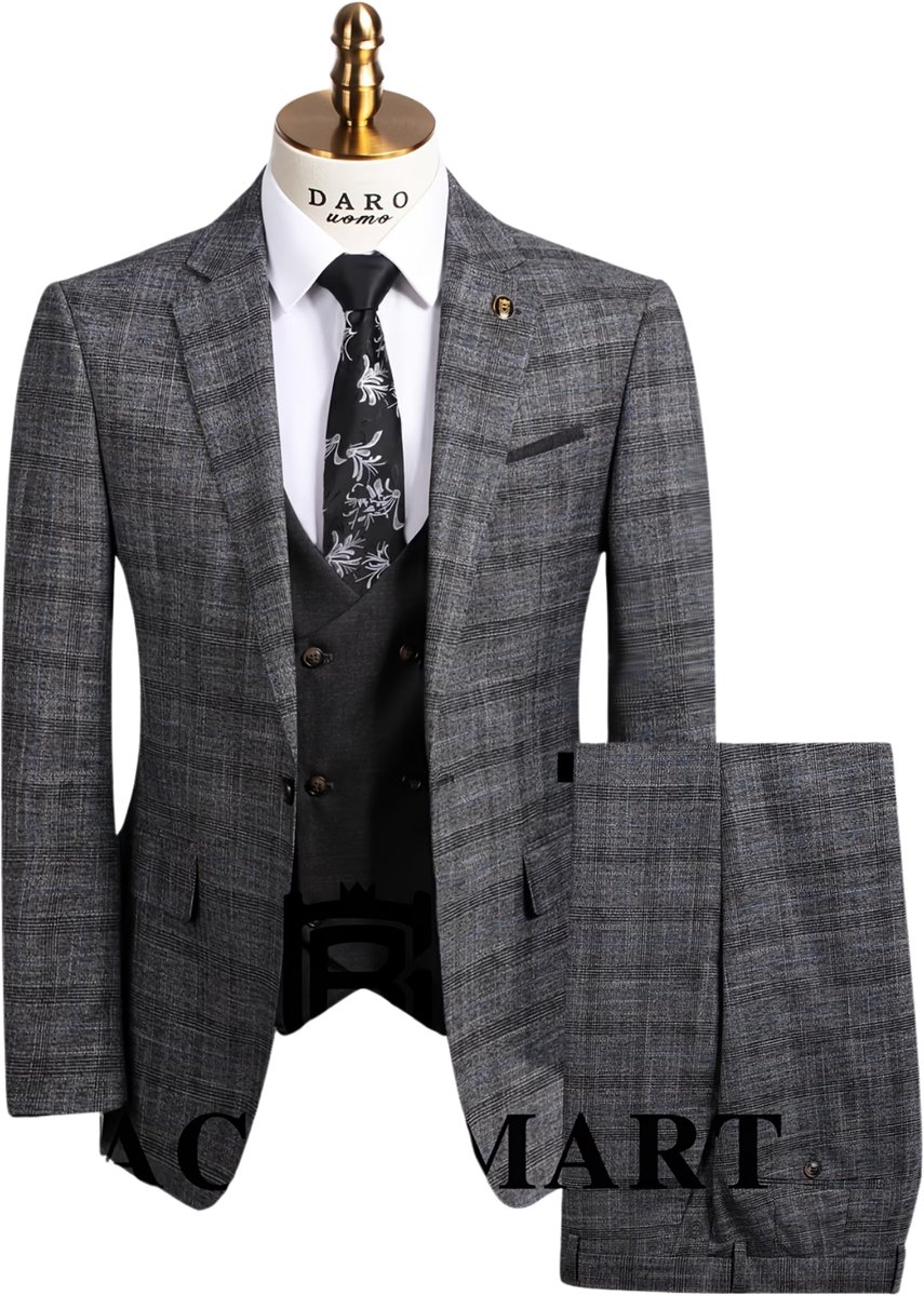 Currero 3 Delig Herenpak Met Overhemd Suit 2 Delig Tailored Fit Kostuum Business Pak Trouwpak Smoking Tuxedo Stijl Bruiloft Kantoor & Feest Donkergrijs