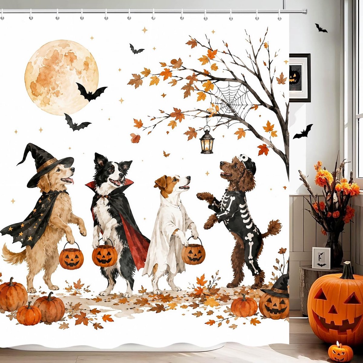 Douchegordijn voor Halloween, 180 x 200 cm, schattige puppy, pompoen, vleermuis, herfst, bladeren, Halloween - ShopVlot