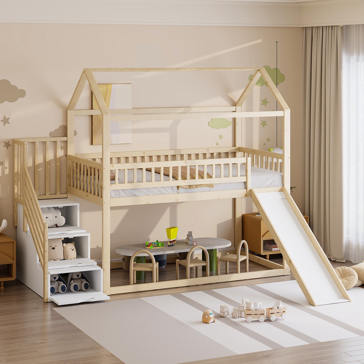 Hoogslaper - 90 x 200 cm - 1-persoons - met opbergruimte - met glijbaan - met ladder - Naturel hout