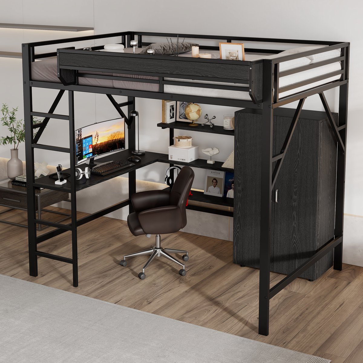 Hoogslaper - 140 x 200 cm - 2-persoons - met bureau - met kledingkast - met opbergruimte - met ladder - Zwart