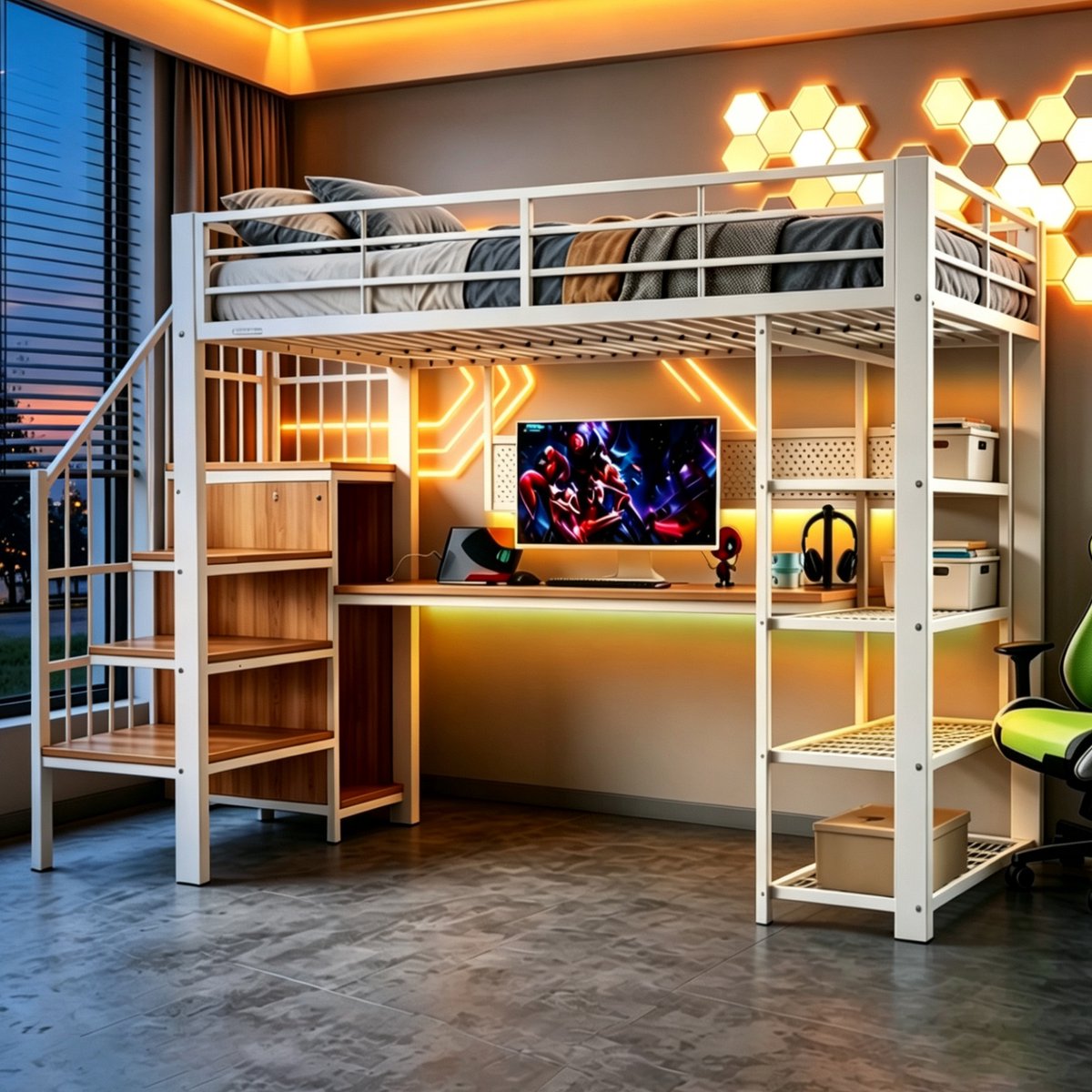 Hoogslaper - 90 x 200 cm - 1-persoons - met bureau - met opbergruimte - met LED-verlichting - met stopcontact - Wit
