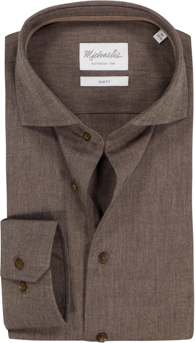 Michaelis slim fit heren overhemd - flanel - bruin - Strijkvriendelijk - Boordmaat: 40 (EU maat: M)