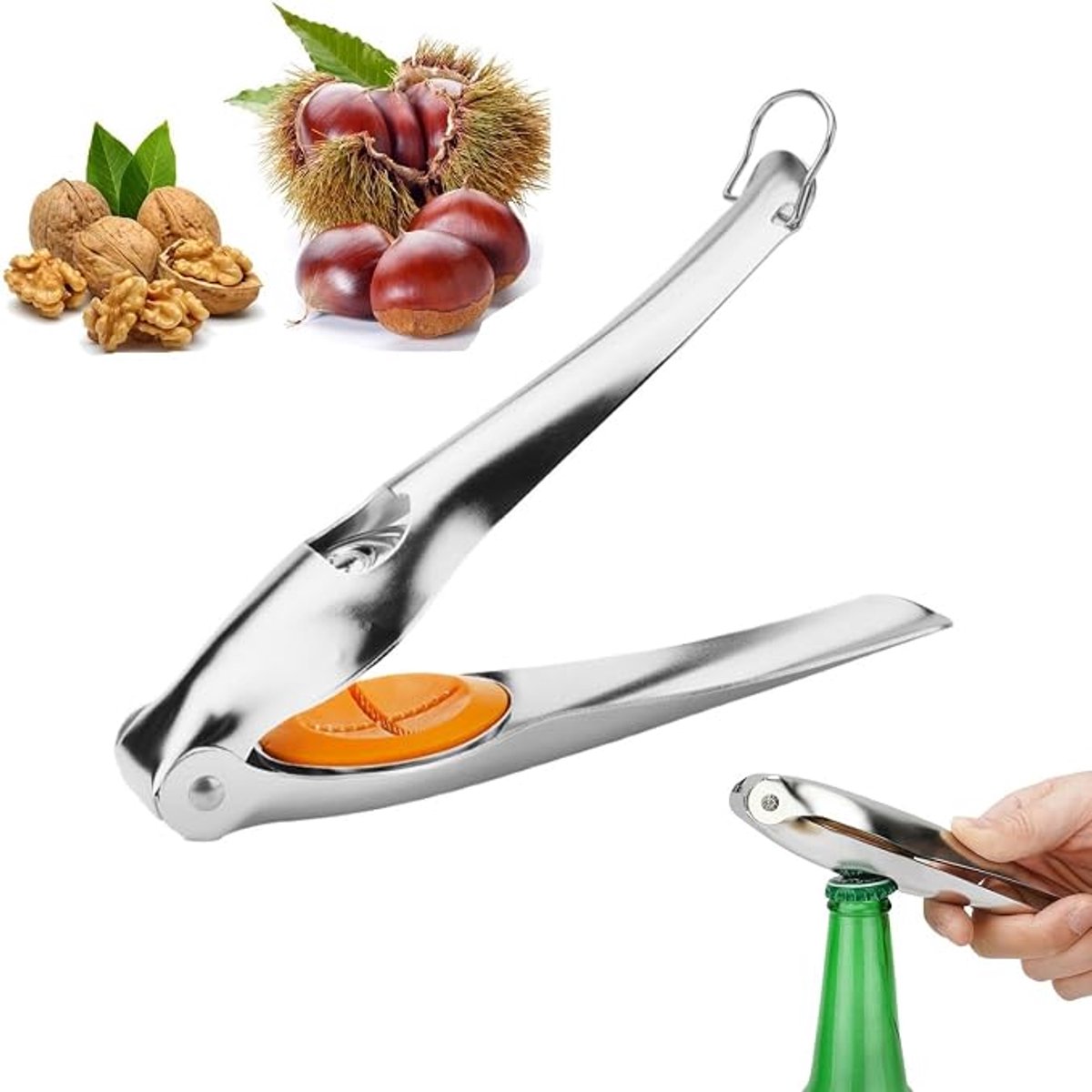 1 stuk-Notenkraker-notenkraker walnoten-Kastanjeclip-notenopener -Kastanje-Tang-antislip handgrepen-Notenkraker Voor Kastanjes-Keukengerei-geschikt voor walnoten, hazelnoten, noten, amandelen, zeevruchten-Zilver-Roestvrij staal-Met siliconen pad