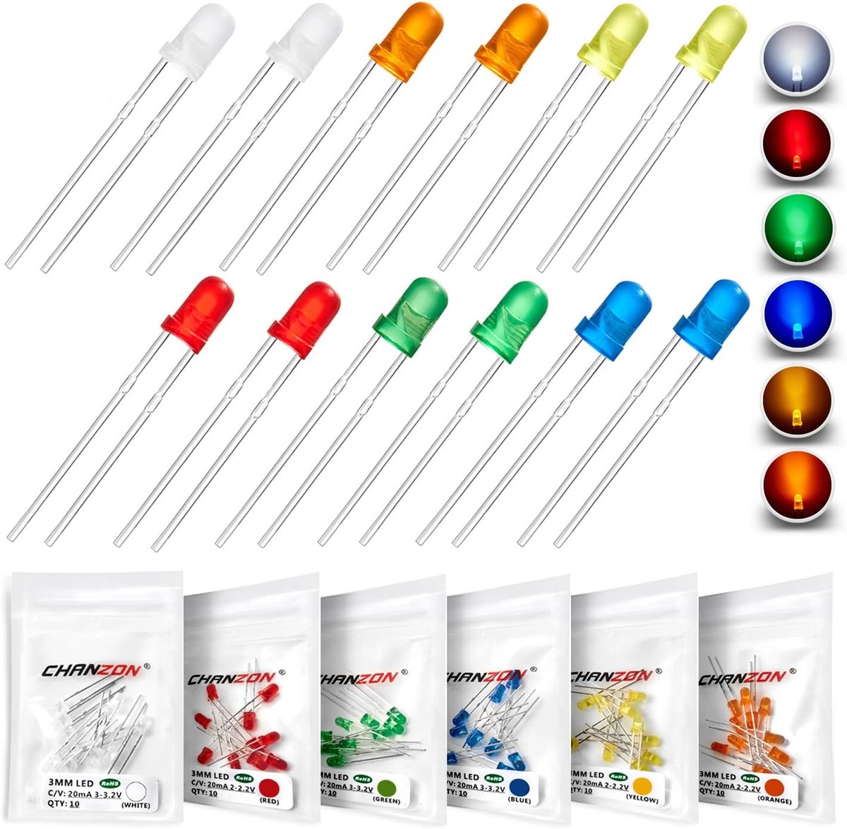 Chanzon 60 Pieces (6 Colours x 10 Pieces) Assortment Set with LED Diodes 3 mm (Diffuse Round Lens DC 3 V 20 mA) - ShopVlot