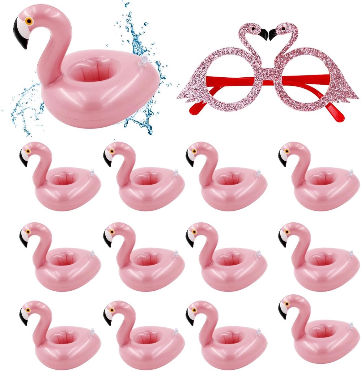 12 Flamingo Inflatable Cup Holders And 1 Piece Glasses, Anti-Tenite Drink Holder, Pool Party Decoration, Beach Party - ShopVlot