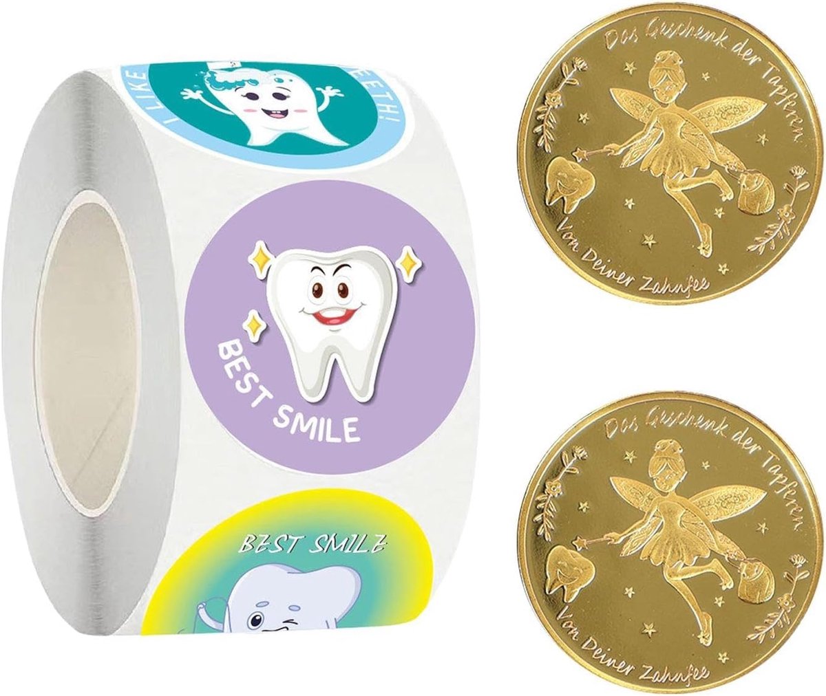 500Pcs Dental Care Stickers, 2Pcs Dental Gold Coins, Cartoon Creative Stickers, Reward For Children For Dental Care - ShopVlot