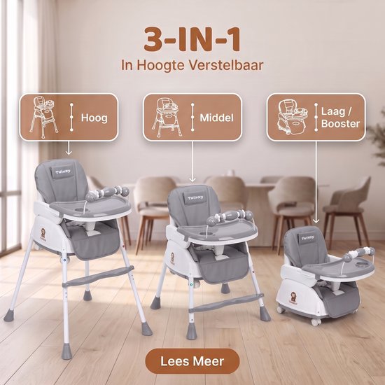 Twinky® Kinderstoel - 2-in-1 Kinderwagen Set - Grey - Inklapbare Eetstoel & Baby Wagentje en Babystoel Voor Aan Tafel - Kinderzetel, Peuterstoeltje en Meegroeistoel in 1 van Twinky — afbeelding 3