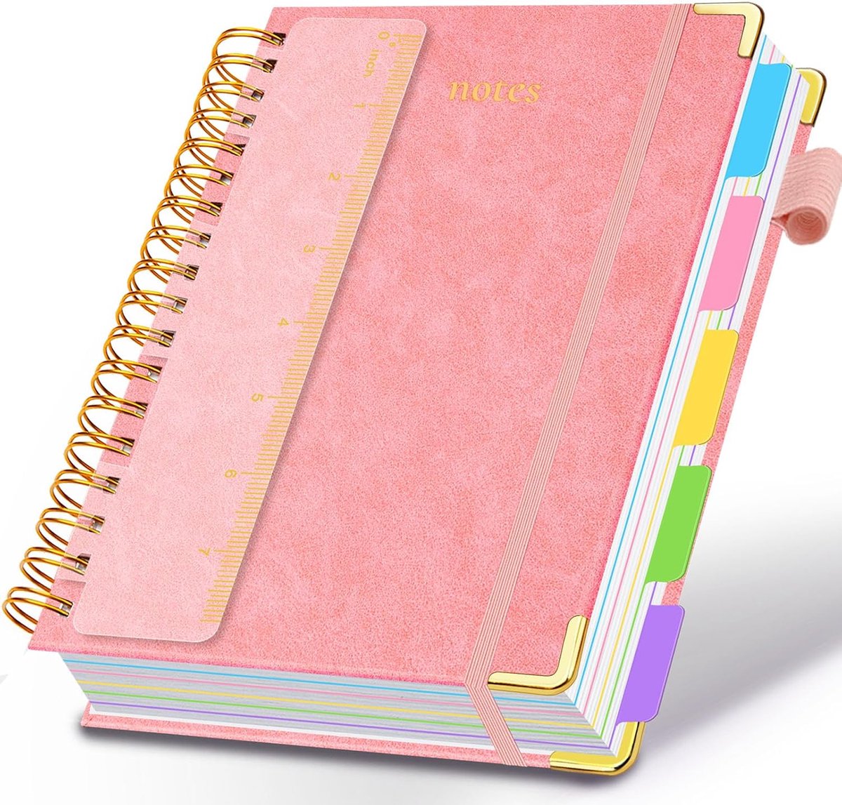 KZQ A5 hardkartonnen spiraal notitieboek - 14,8x21,2 cm - 300 pagina's met tabs en verwijderbare scheidingsbladen - 5 vakken - Kunstlederen omslag - Roze