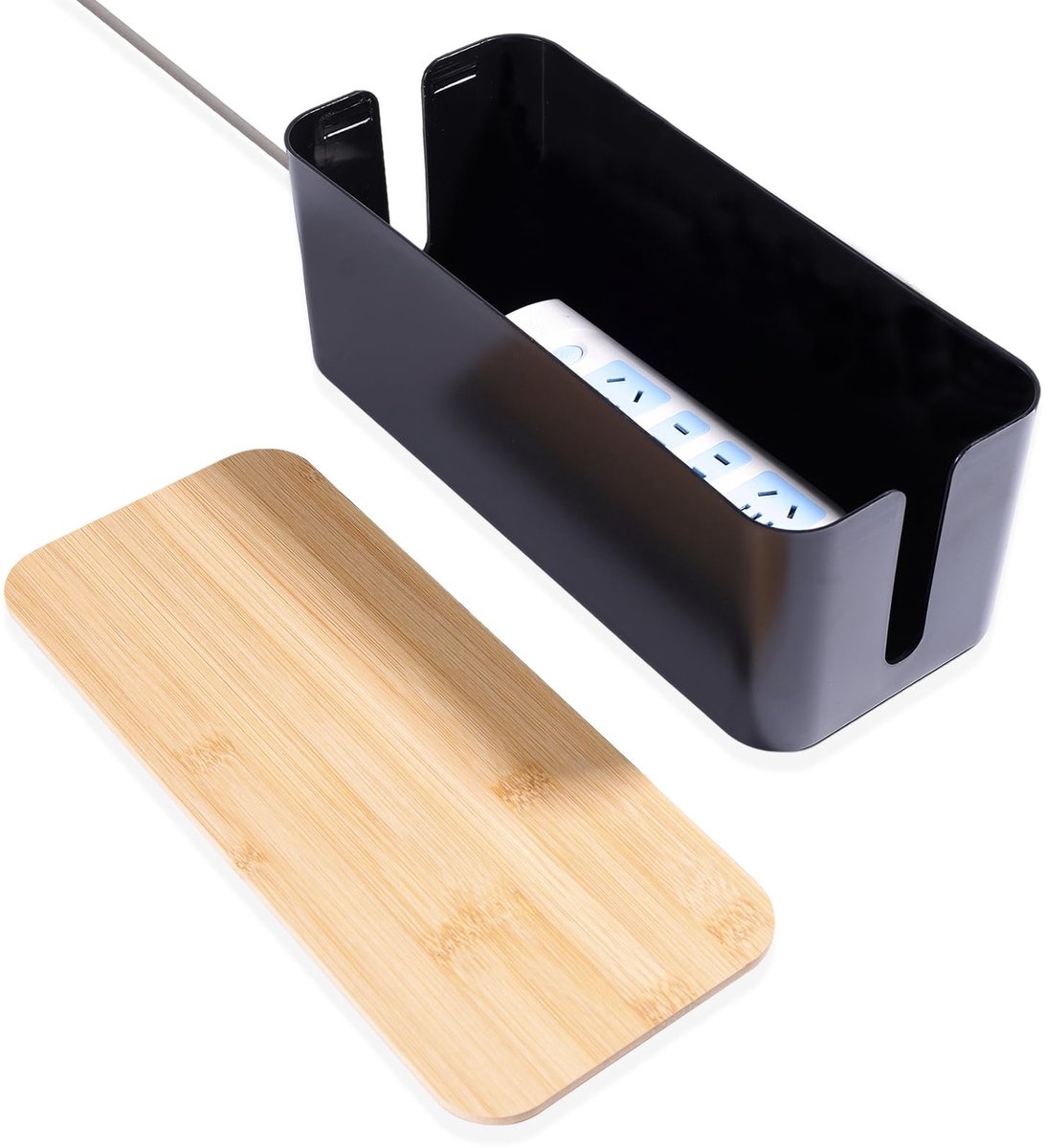 QOEOTUY Kabelopbergdoos: kabelorganizer met deksel van zwart bamboe, 32 x 13,5 x 12 cm - ShopVlot