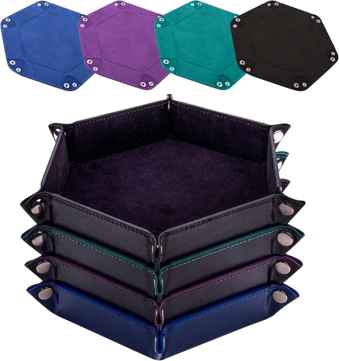 SIQUK 4 Pcs Dice Tray Hexagon Dice Rollade Folding PU Leather Velvet Dice Tray for RPG DND and Other Dice Game (Black - ShopVlot
