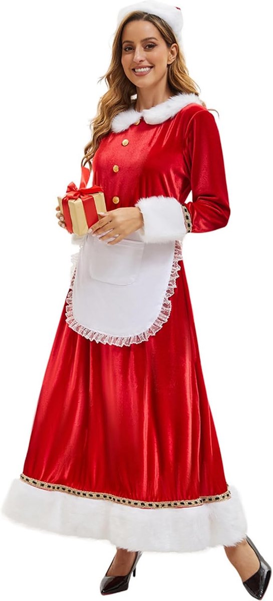 Women's Christmas Costume Long Velvet Suit with Hat, Classic Red White Mrs Claus Costume, Christmas Dress & Outfit - ShopVlot