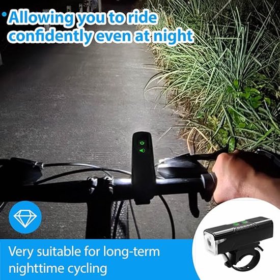 Universele Fietskoplamp met Claxon - Fietsverlichting - Multifunctioneel - Usb - Oplaadbaar - Superheldere Lichtstraal Voor Veiligheid 'S Nachts - Fietslamp - Met Claxon - Waterdichte Fietskoplamp - Zwart - Unisex racefiets en mountainbike — afbeelding 2