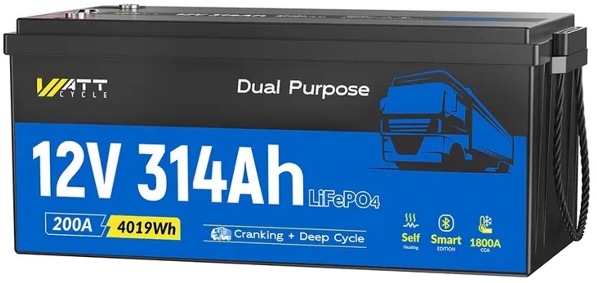 12V 314Ah LiFePO4 dual-purpose batterij – startaccu voor vrachtwagen & RV-accu back-up, Bluetooth, zelfopwarming, 1800 CCA, 4019Wh, geschikt voor slaapcabine, koelkast, verlichting, 200A BMS, IP65