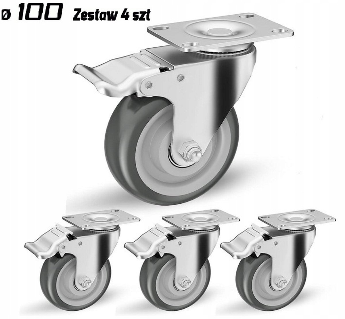 4x Zwenkwielen met Rem - 100mm TPR Rubber - Industriële Karren