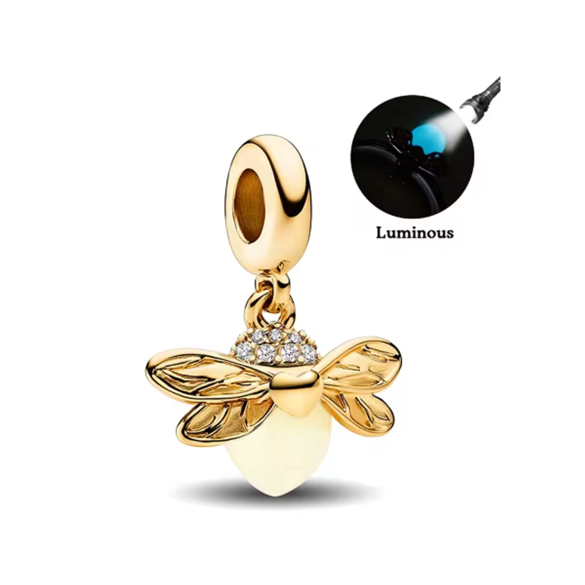 Fler® | Bedel | Past op populaire bedelarmbanden (standaard - 3mm) | Goud Glow-in-the-dark Firefly (vuurvliegje) | Hangbedel Charm | 925 sterling zilver | Armband Kraal | Valentijnsdag Cadeau | Sinterklaas kado | Kerstcadeau | Verjaardagsgeschenk