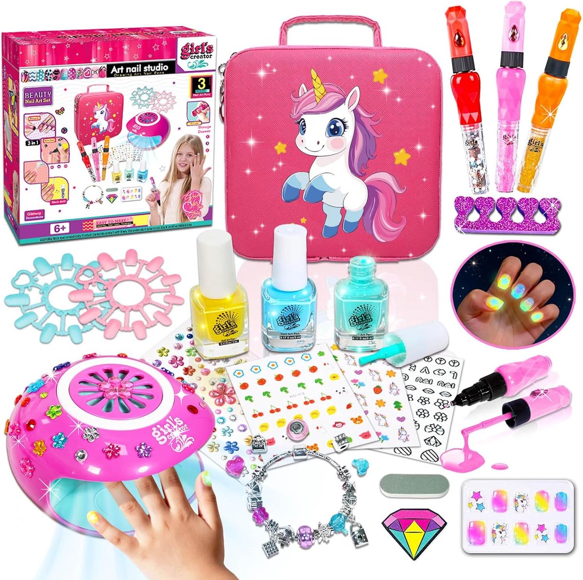 Nail salon voor kinderen - 3-in-1 nagellak set - inclusief nageldroger - creatief nagelontwerp voor meisjes - ShopVlot