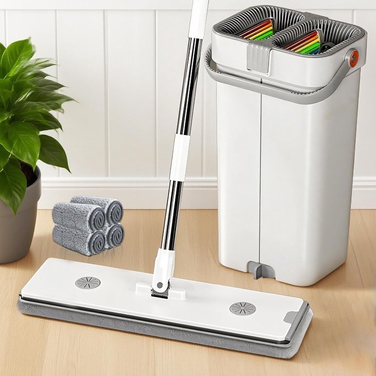 Dweilset met Emmer - Grijs - 135 cm - Inclusief Mop en 4 Microvezel Dweilkoppen - Voor Alle Vloertypes