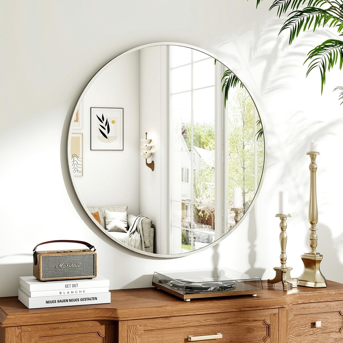 Famanu – Ronde zilveren spiegel van 70 cm met geborsteld metalen frame, wanddecoratie voor badkamer, wastafel, woonkamer, slaapkamer, entree