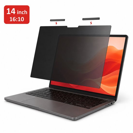 Privacy filter wordt op een 14-inch laptop geplaatst.