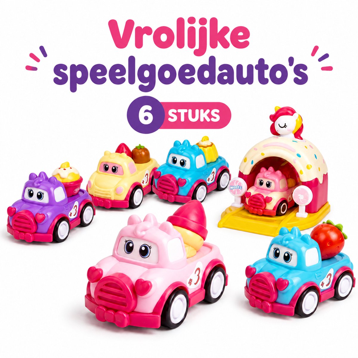 Namajunas – Speelgoedauto's – Speelgoedautosets – Babyspeelgoed – 7-delige speelgoedautoset voor peuters en baby's, inclusief een trekauto met een eenhoornkatapult, geschikt voor kinderen van 1-3 jaar, voor zowel jongens als meisjes.