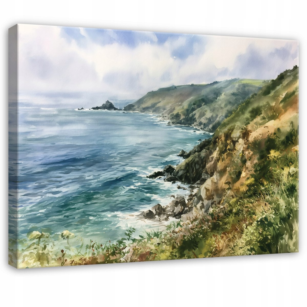 WALLARENA Schilderij op canvas - 120x80 cm - zeelandschap met kliffen in aquarelstijl - wanddecoratie voor woonkamer en slaapkamer Blauw