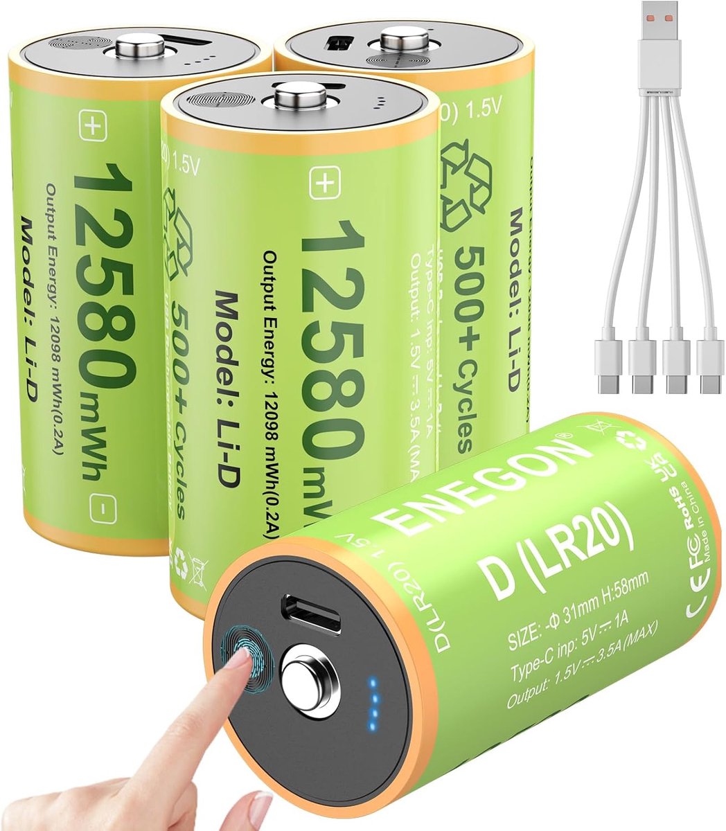 ENEGON Oplaadbare D-Batterijen 4 Stuks 1,5 V Lithium - Type-C (5 V Opladen), 12580 mWh, LR20 met Laadindicator, incl. - ShopVlot