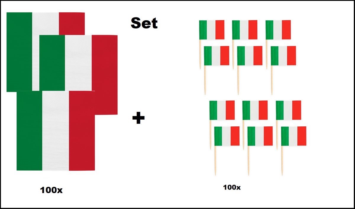 100x Servetten Italie 33cm x 33cm 3 laags + 100x Cocktailprikkers Italie - Italie set - Italy thema feest voetbal