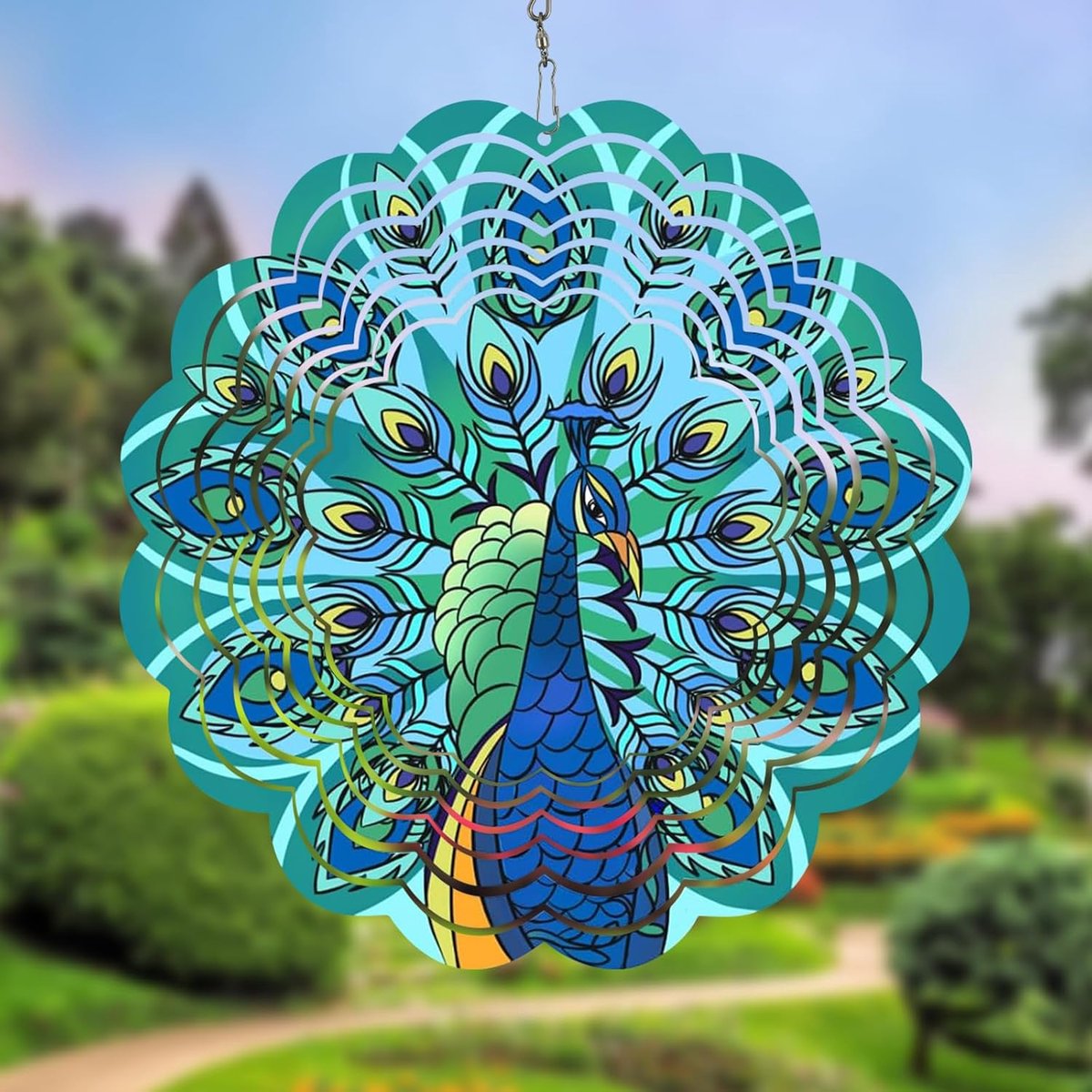 Pauw windspinner, 30×30×1 cm roestvrij staal, kleurrijke hangdecoratie voor tuin, vogelverjager met draaibare haak