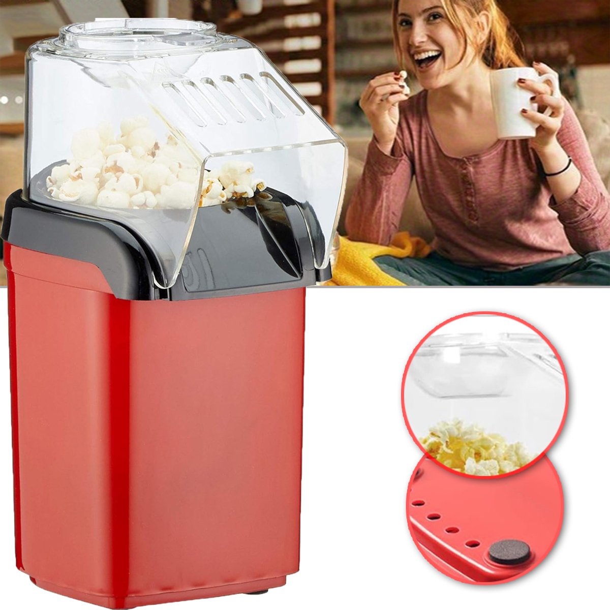 Heteluchtpopcornmachine 1200W Met Maatbeker En Transparant Deksel - Olievrij Snel Poppen Bediening Met één Druk Op De Knop - Duurzaam PP Ruimtebesparend - Voor Thuis Feestjes En Studentenkamers - Rood & Zwart
