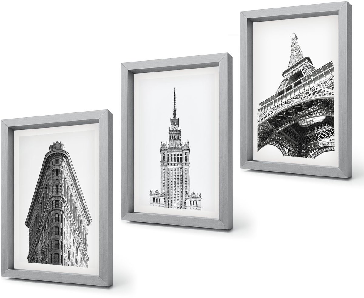 Coloray 4-Delige Schilderij Set - Architectonische gebouwen in zwart-wit minimalisme - 20 x 30 cm - Muurdecoratie - Wanddecoratie - Slaapkamer - Stijlvolle Muurdecoratie Zilveren lijst