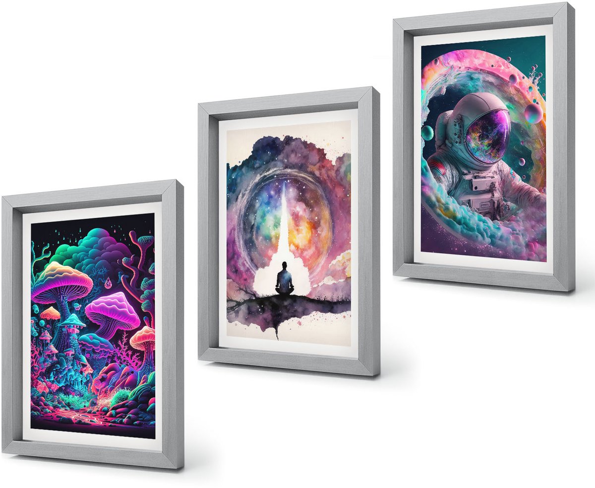 Coloray 4-Delige Schilderij Set - Kleurrijke fantasiekunstillustraties - 20 x 30 cm - Stijlvolle Muurdecoratie - Slaapkamer - Decoratieve Schilderijen Zilveren lijst